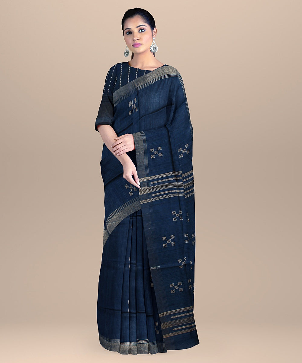 Midnight blue raw silk bhagalpur handloom saree