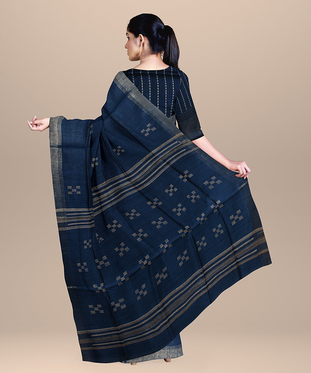 Midnight blue raw silk bhagalpur handloom saree