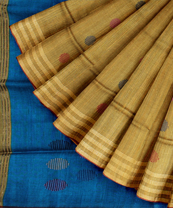 Mustard cobalt blue handloom raw silk bhagalpur saree