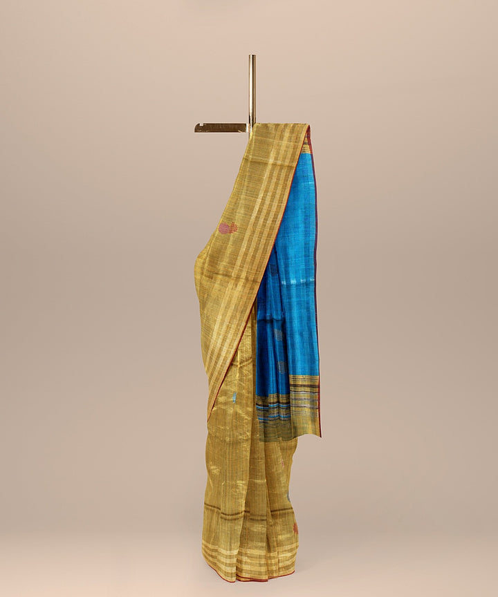 Mustard cobalt blue handloom raw silk bhagalpur saree