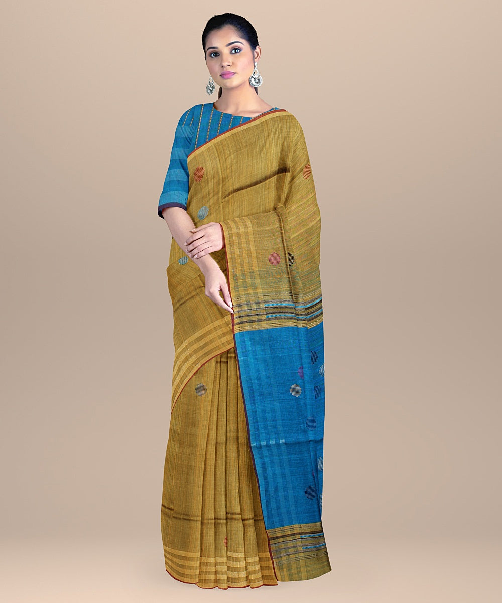 Mustard cobalt blue handloom raw silk bhagalpur saree