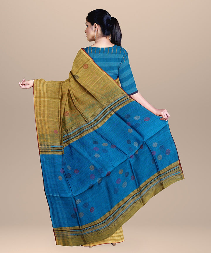 Mustard cobalt blue handloom raw silk bhagalpur saree