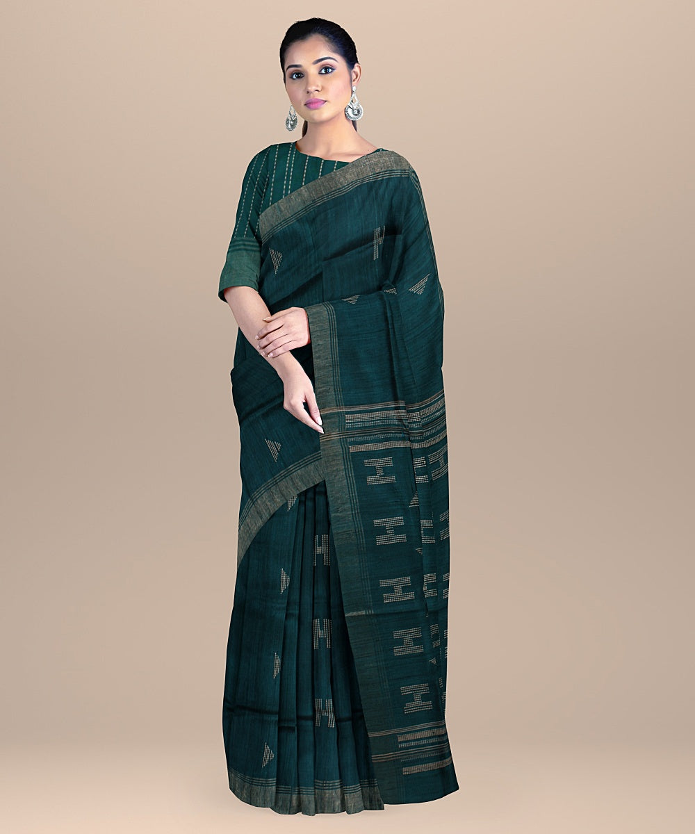 Viridian green raw silk handloom bhagalpur saree