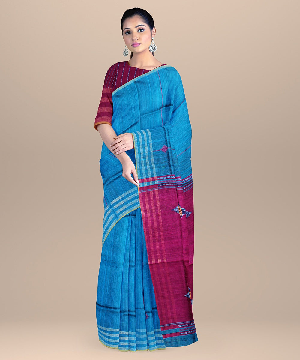 Cobalt blue magenta raw silk handloom bhagalpur saree