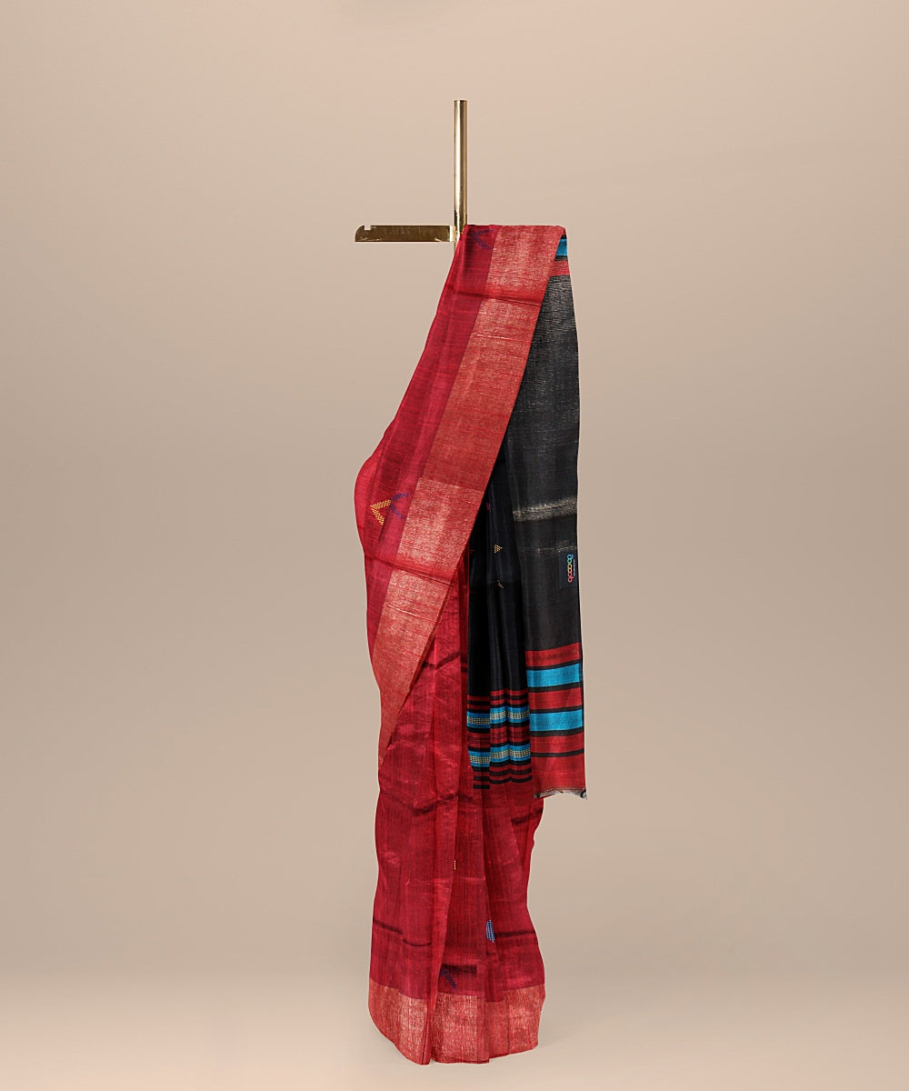Maroon black raw silk handloom bhagalpur saree