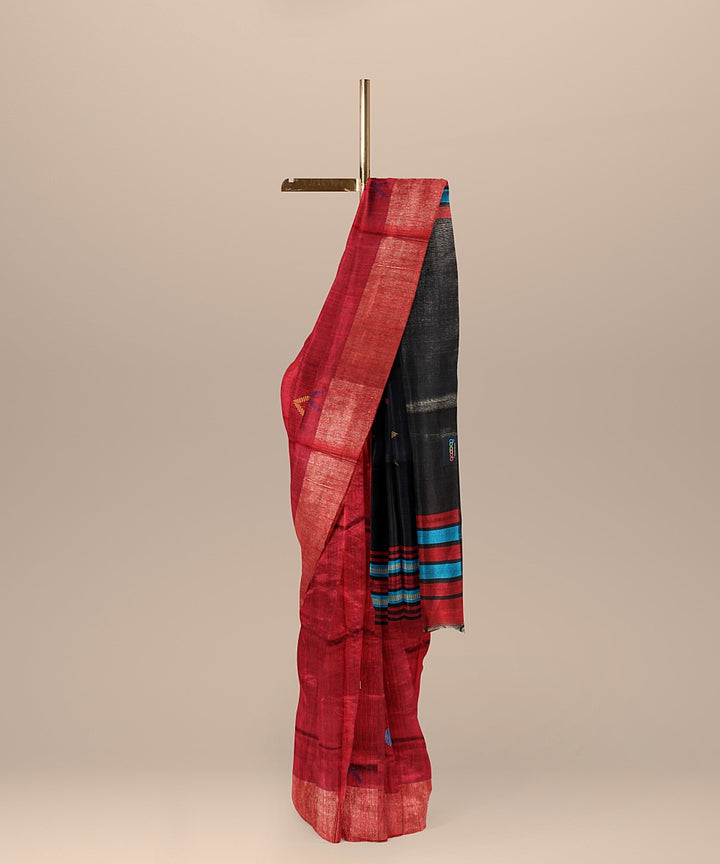 Maroon black raw silk handloom bhagalpur saree