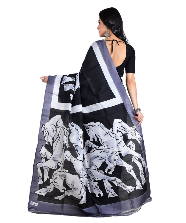 Black white silk hand painted saree