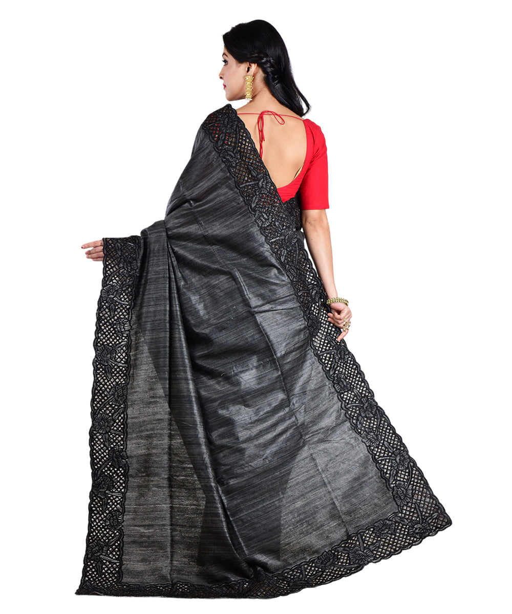 Black handwoven tussar silk saree