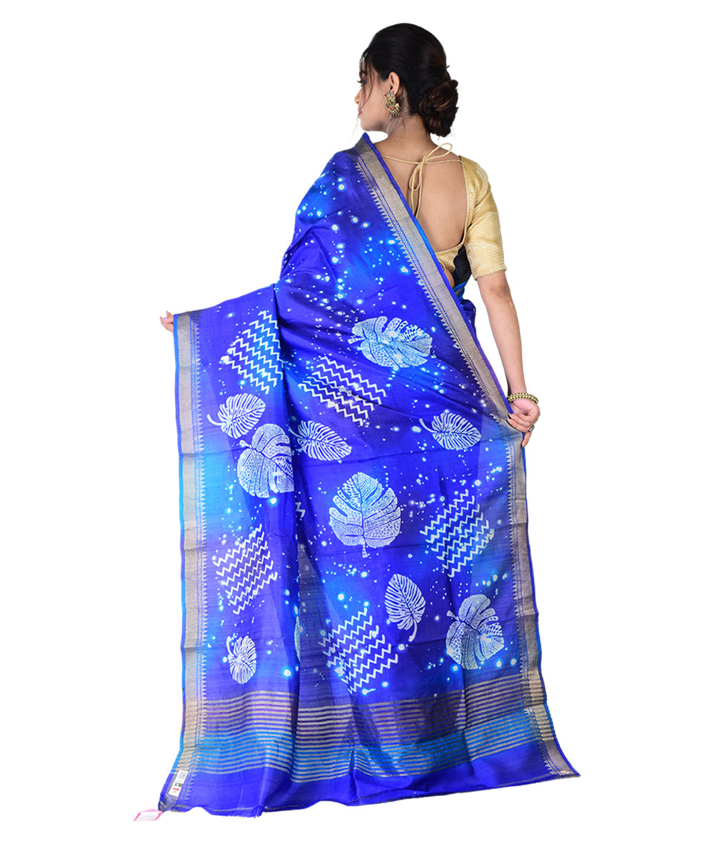 Navy blue silk hand printed saree