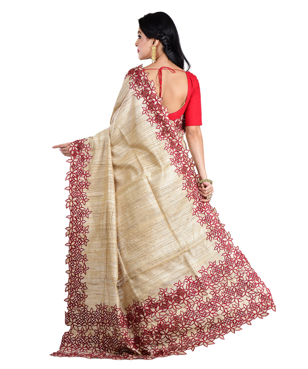 Beige red handwoven tussar silk saree