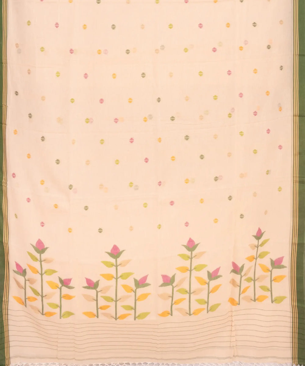 Cream olive handwoven jamdani cotton saree