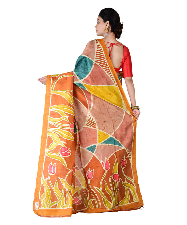 Yellow multicolor hand painted silk saree