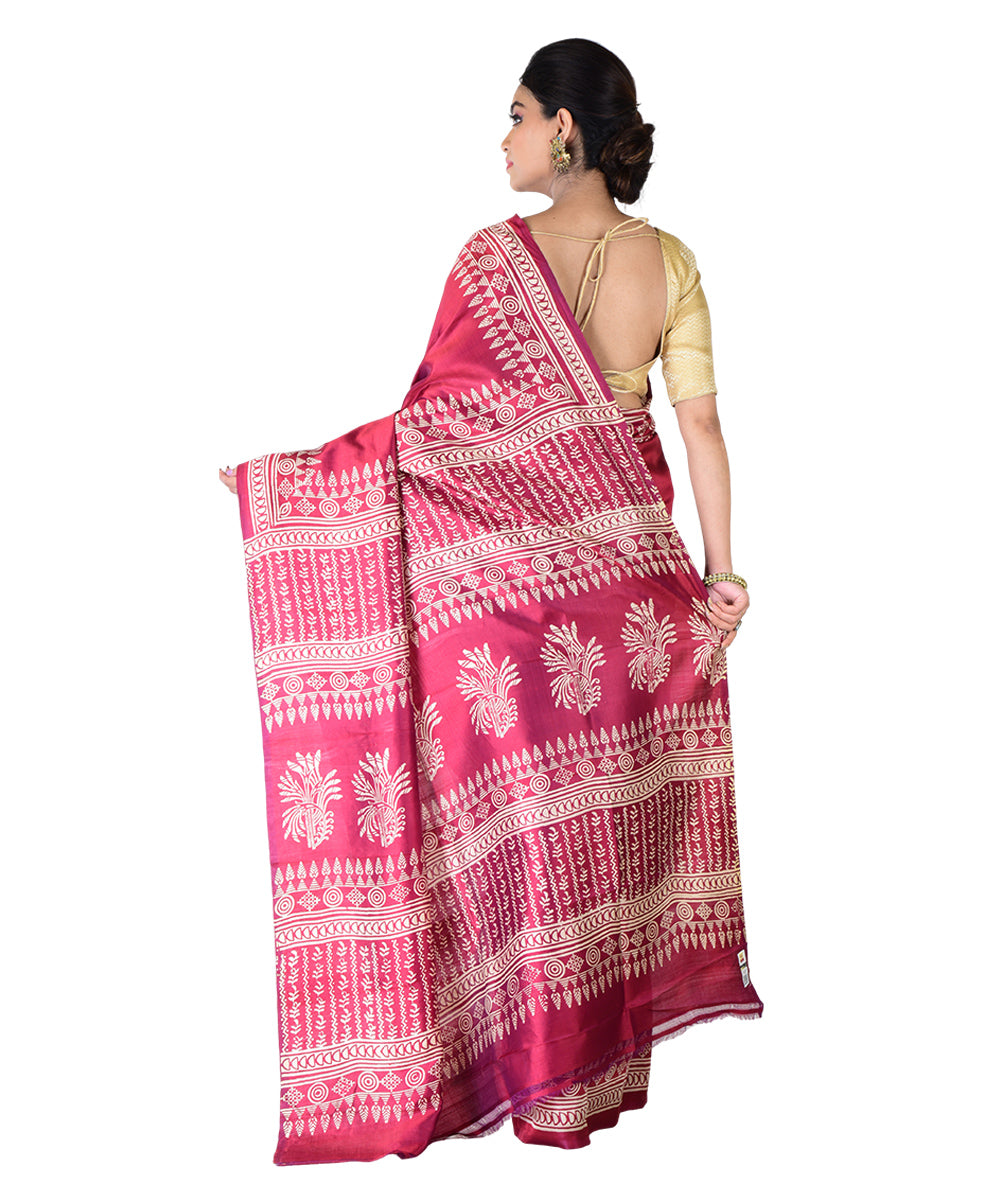 Maroon white hand printed silk saree