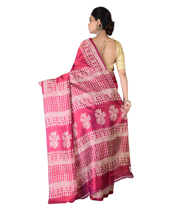 Maroon white hand printed silk saree