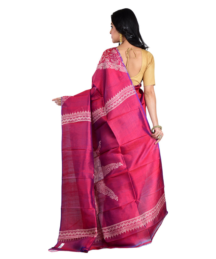 Maroon hand printed silk saree