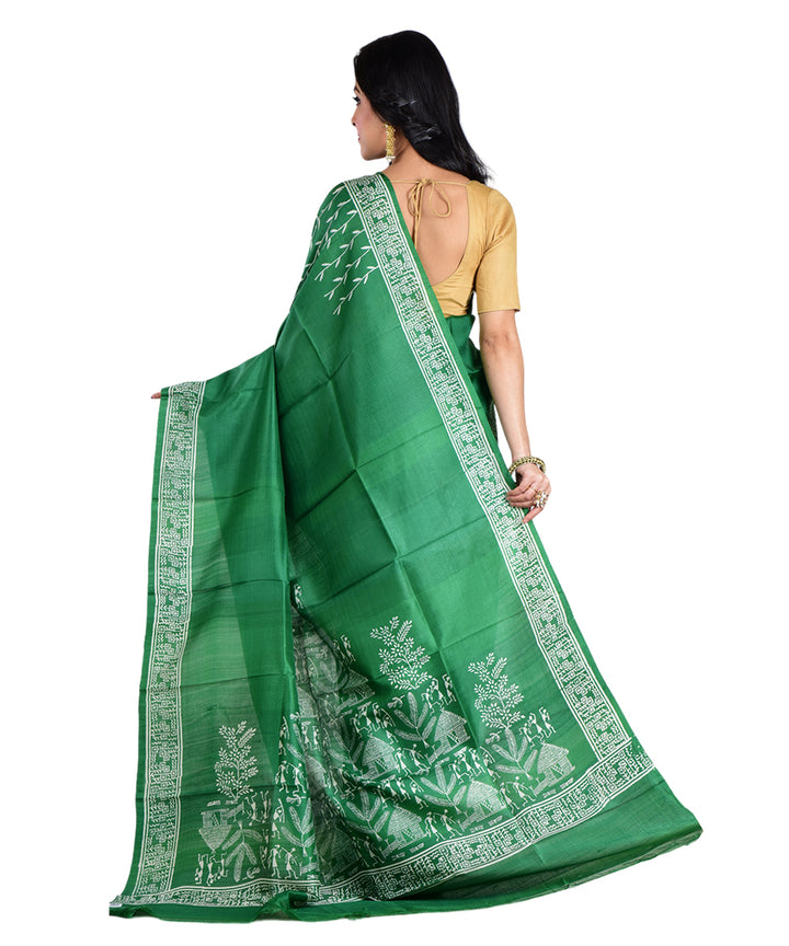 Dark green hand printed silk saree