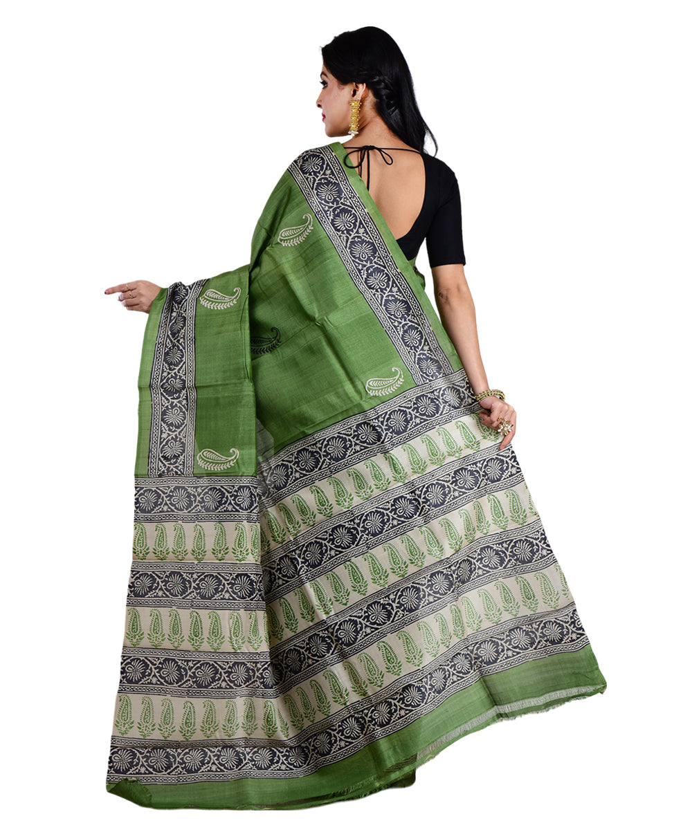 Light green black hand printed tussar silk saree