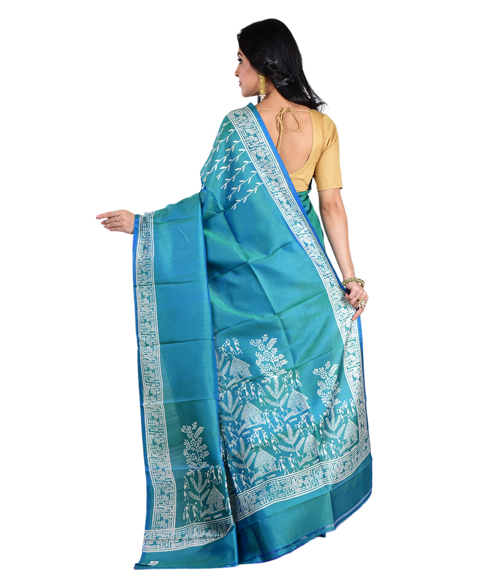 Teal green hand printed silk saree