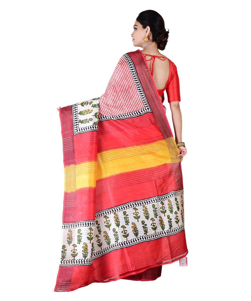 Red multicolor hand printed silk saree