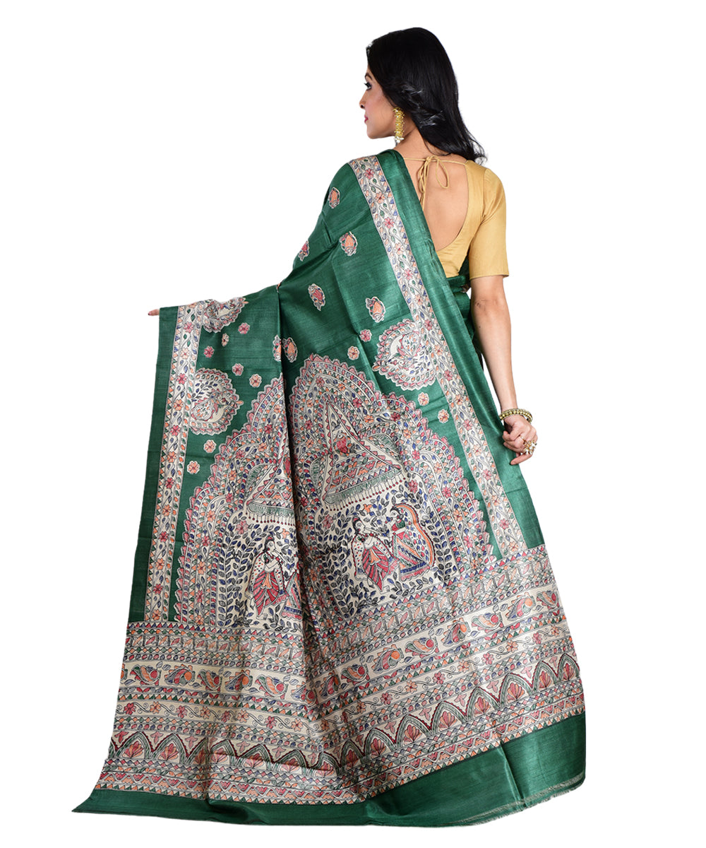 Dark green multicolor hand printed tussar silk saree