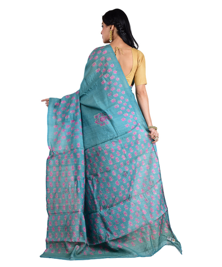 Sky blue pink hand printed tussar silk saree