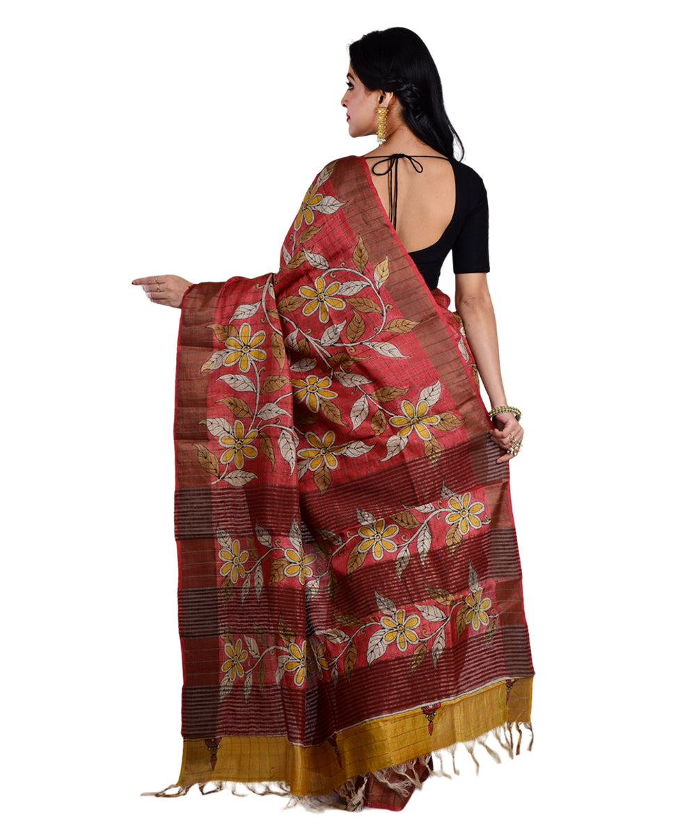 Multicolor red hand printed tussar silk saree