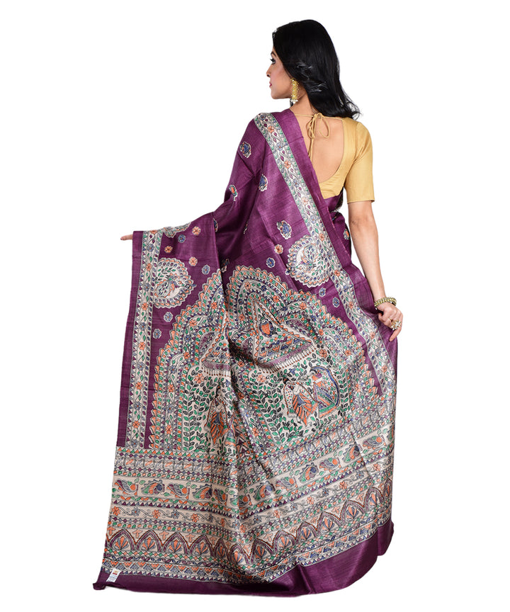 Purple multicolor hand printed tussar silk saree