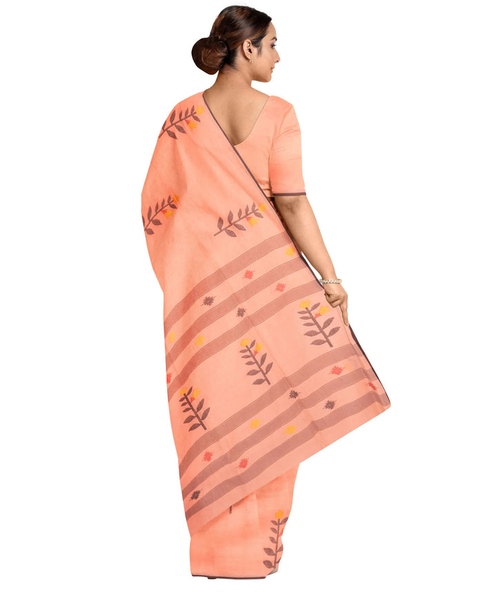 Pale peach red handwoven jamdani cotton saree