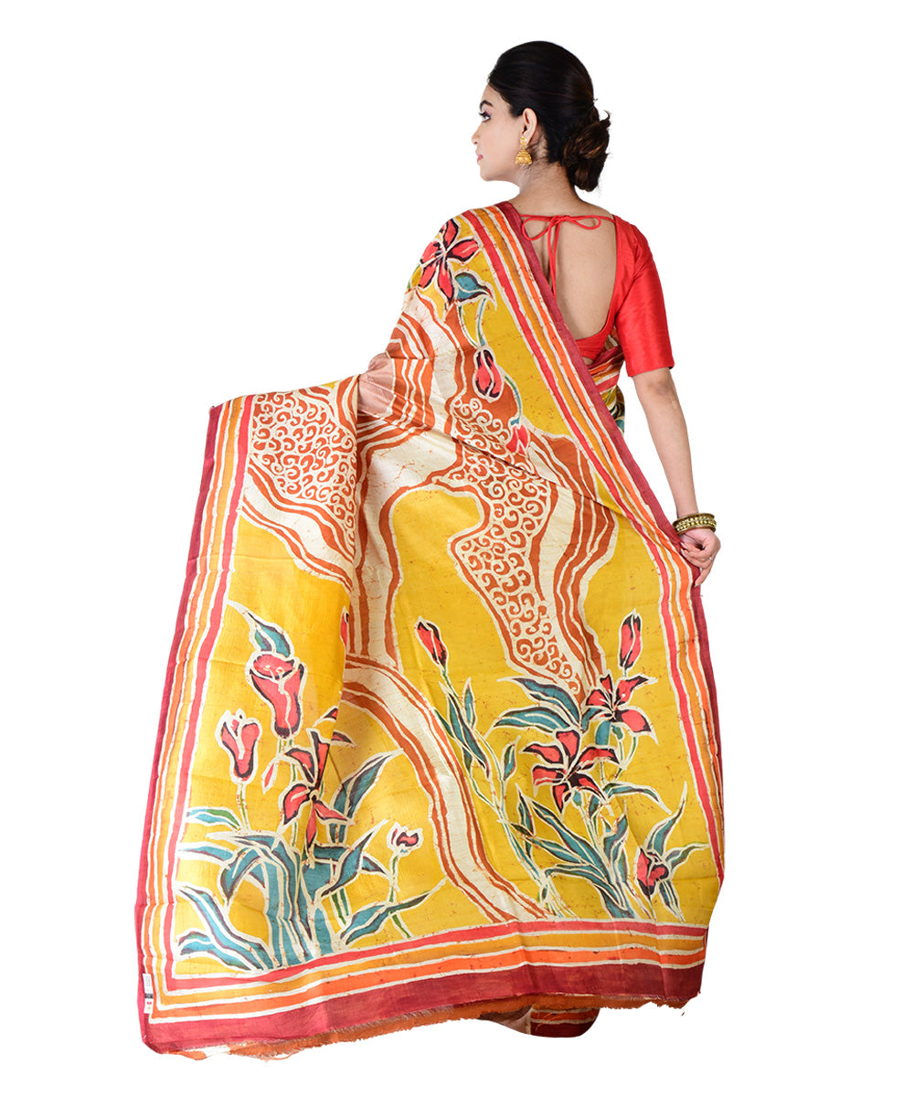 Yellow multicolor hand printed silk saree