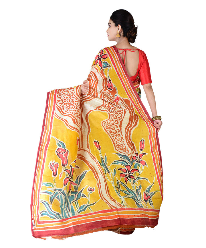 Yellow multicolor hand printed silk saree