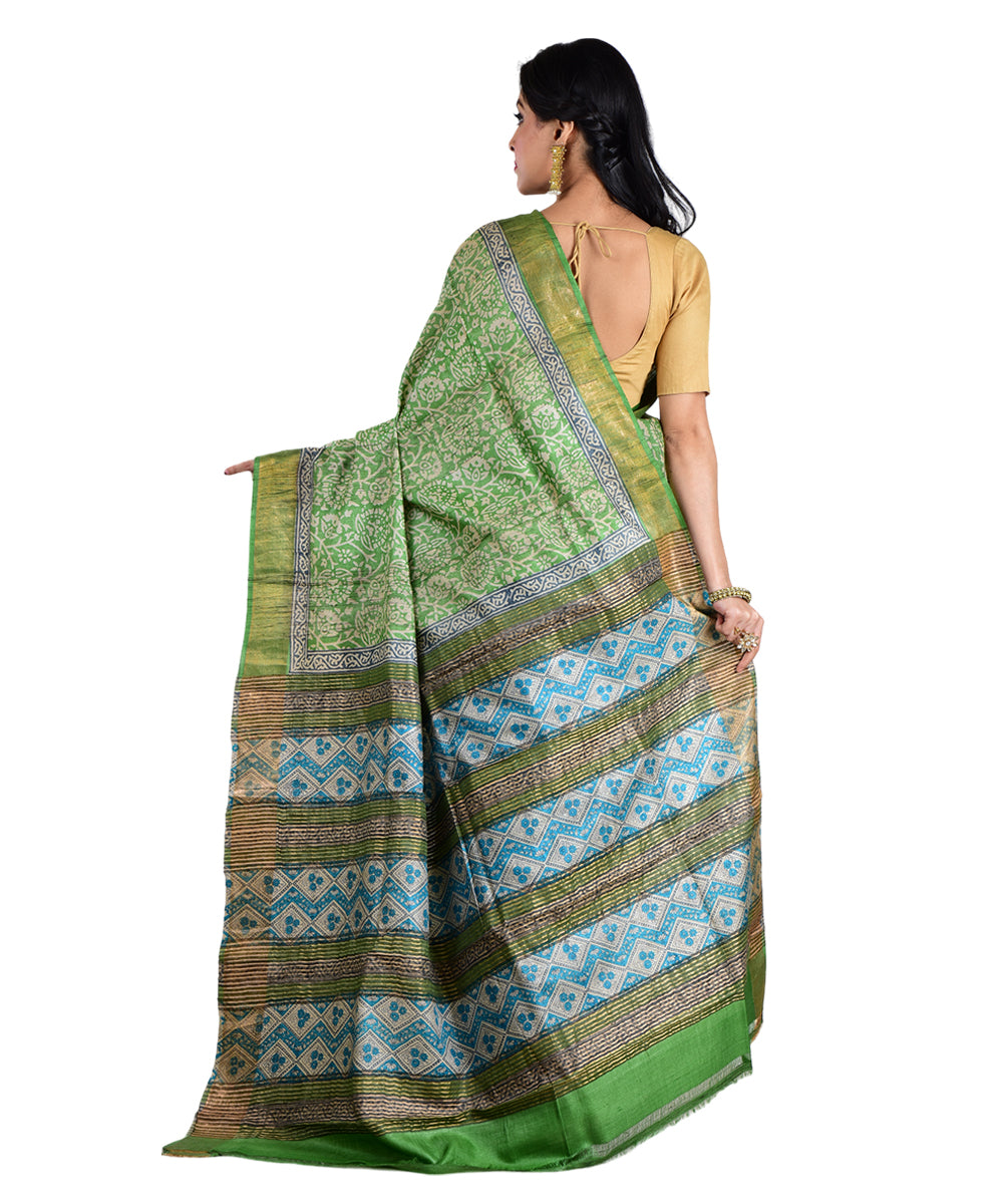 Light green hand printed tussar silk saree