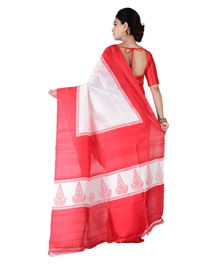 White red silk hand printed saree