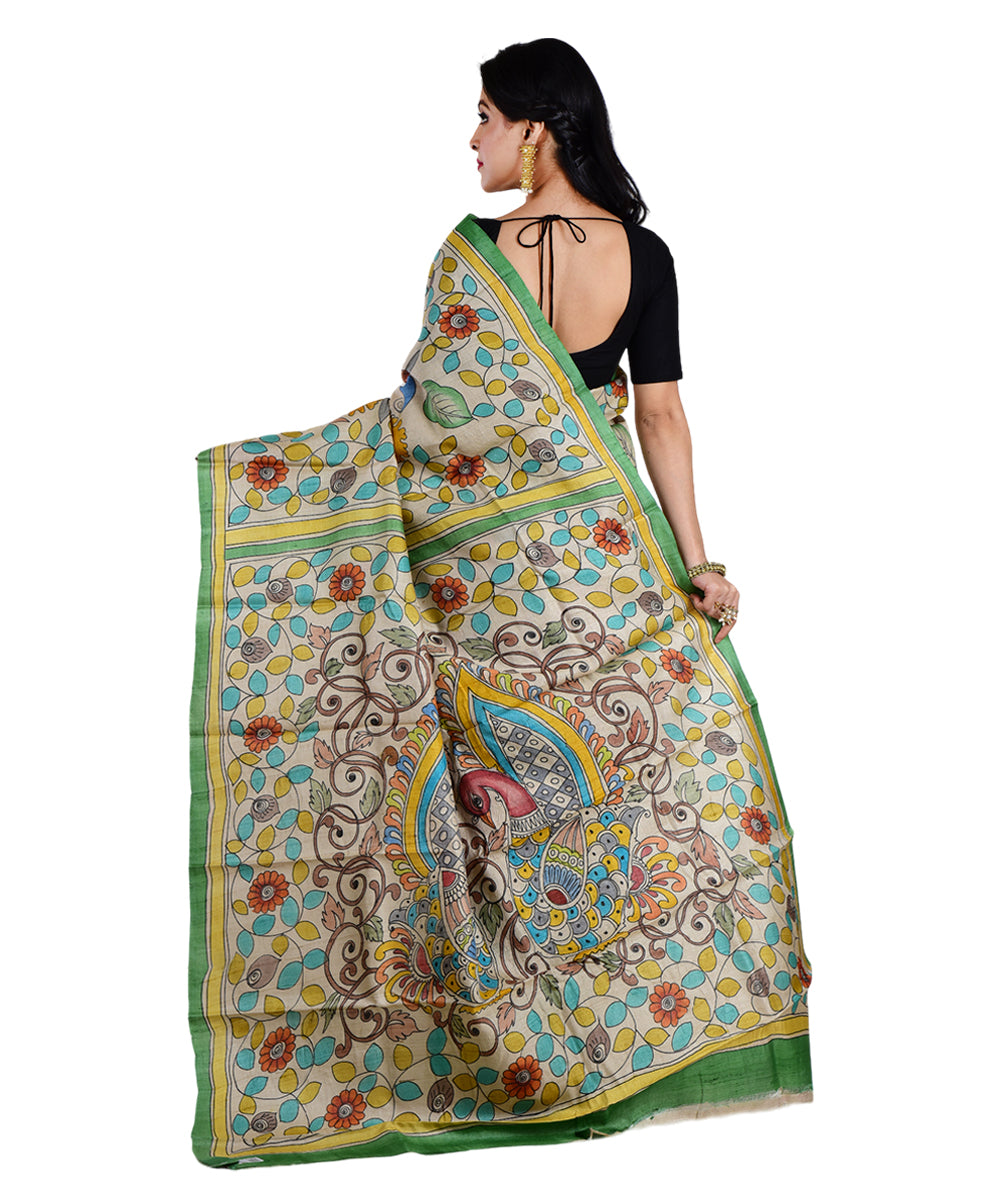 Beige multicolor hand printed tussar silk saree