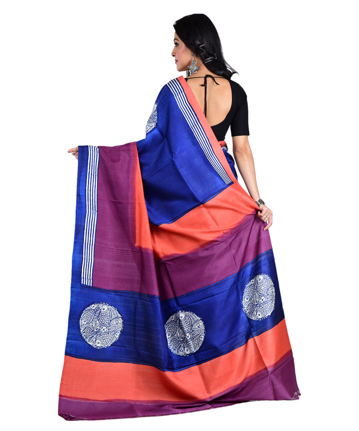 Navy blue multicolor hand printed silk saree