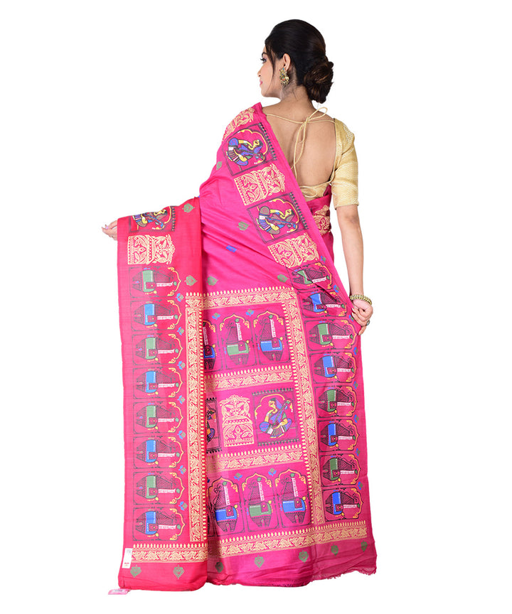 Red blue hand printed tussar silk saree