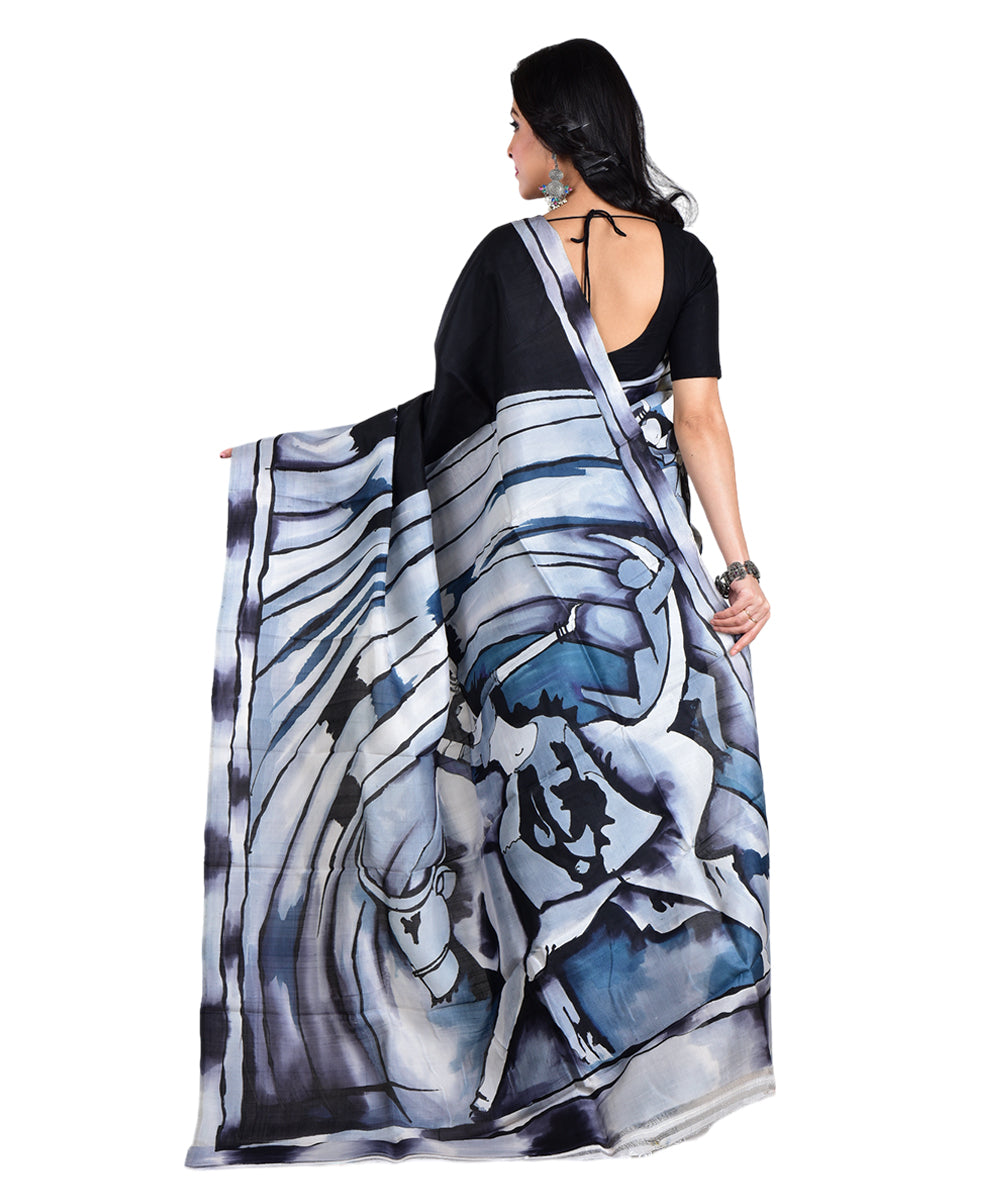 Black white silk hand painted bengal saree