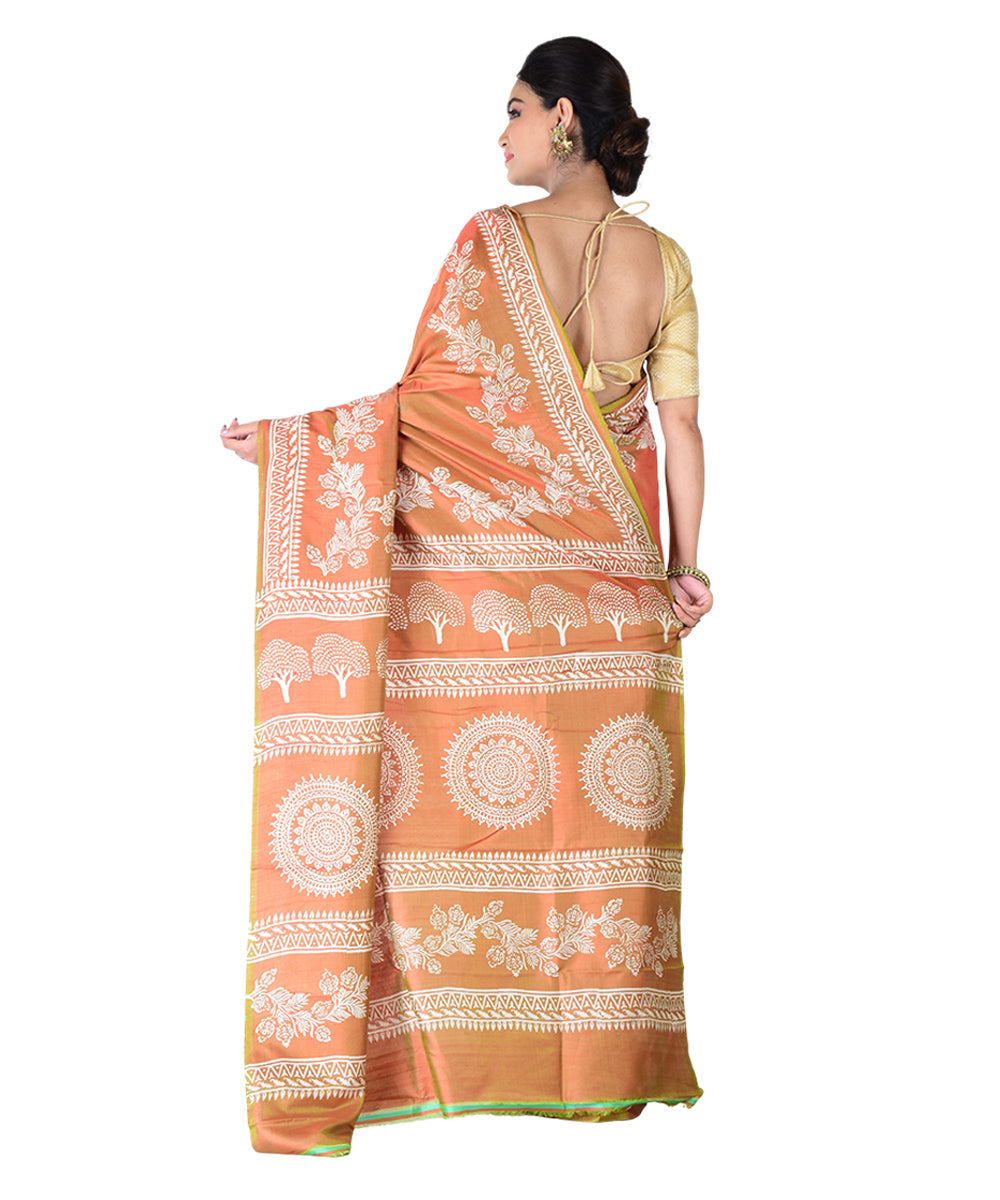 Brown offwhite hand printed silk saree