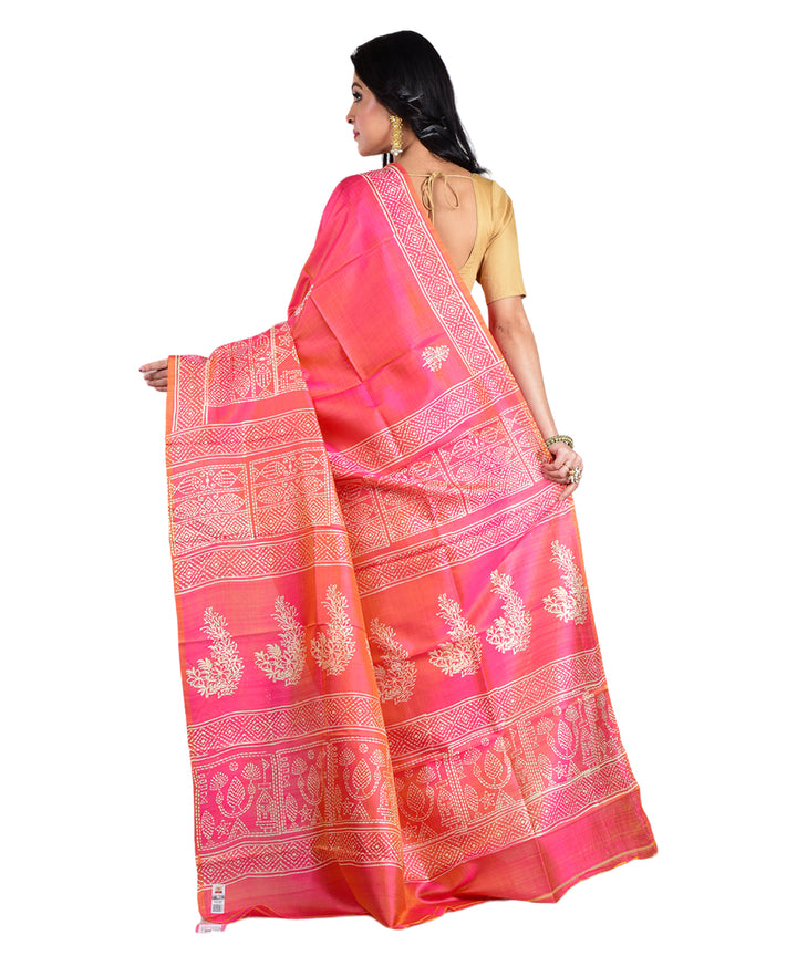 Pink orange hand printed silk saree