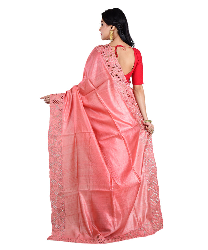 Peach handwoven tussar silk saree