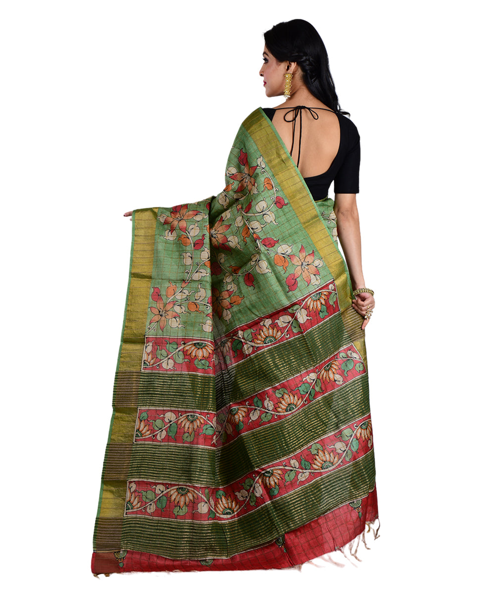 Multicolor light green hand printed tussar silk saree