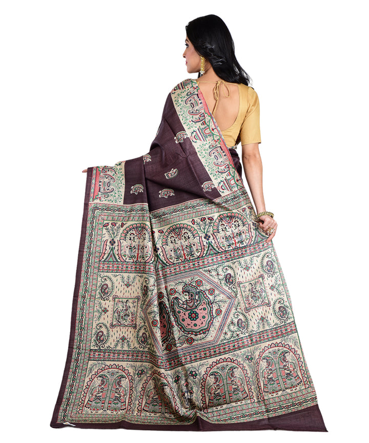 Brown multicolor tussar silk hand printed saree