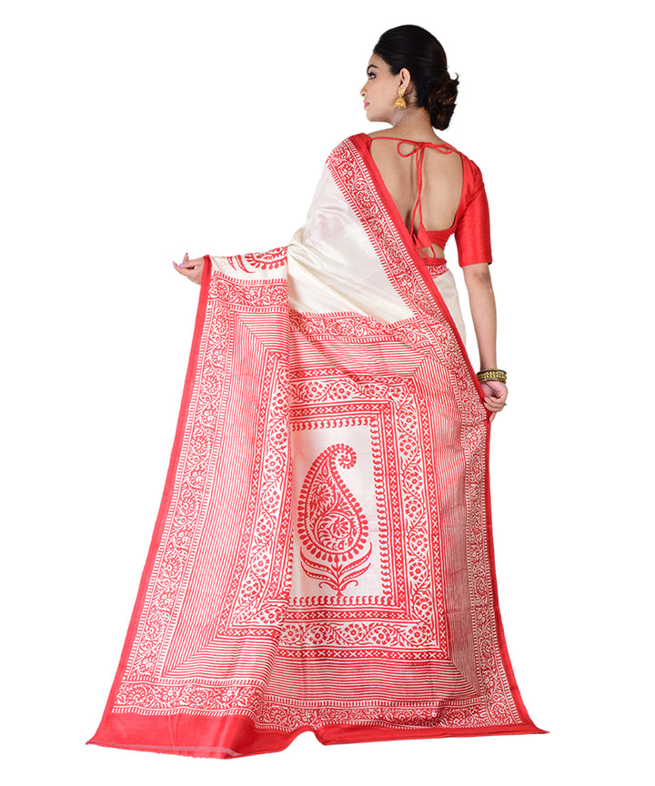 White red hand-printed silk saree