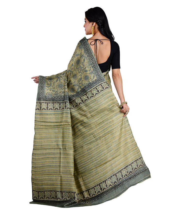 Beige grey tussar silk hand printed saree