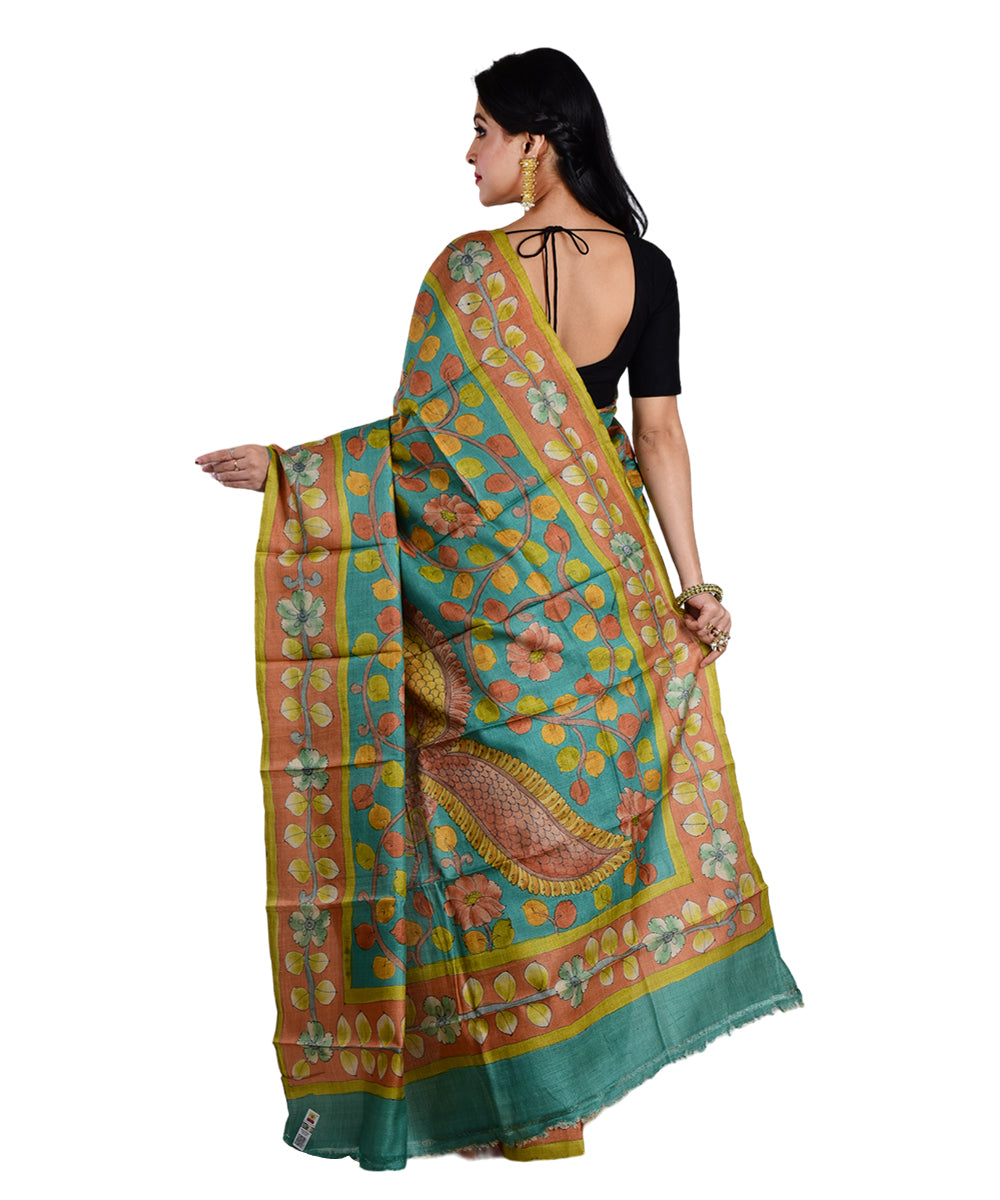 Cyan blue multicolor hand printed tussar silk saree