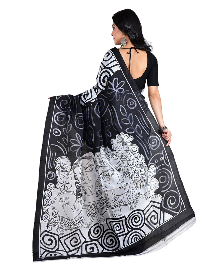 Black white hand painted silk saree