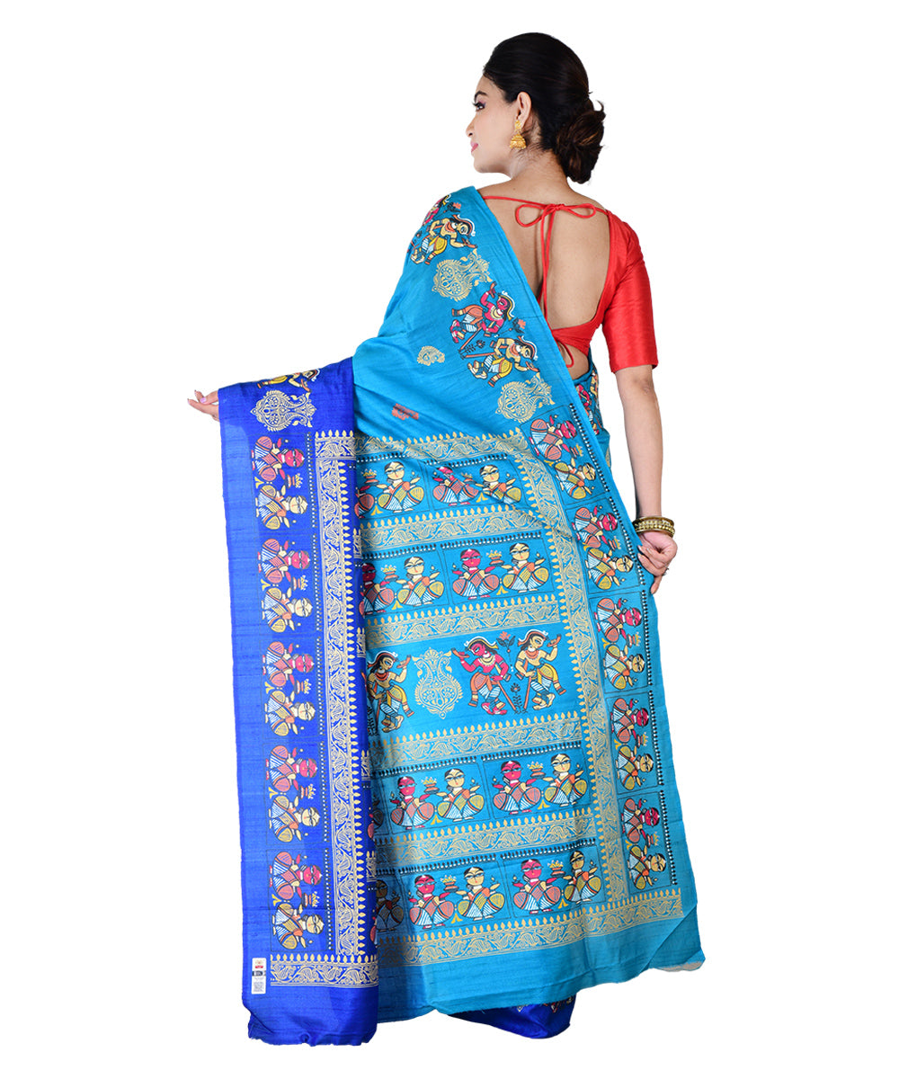 Cyan blue multicolor hand printed tussar silk saree