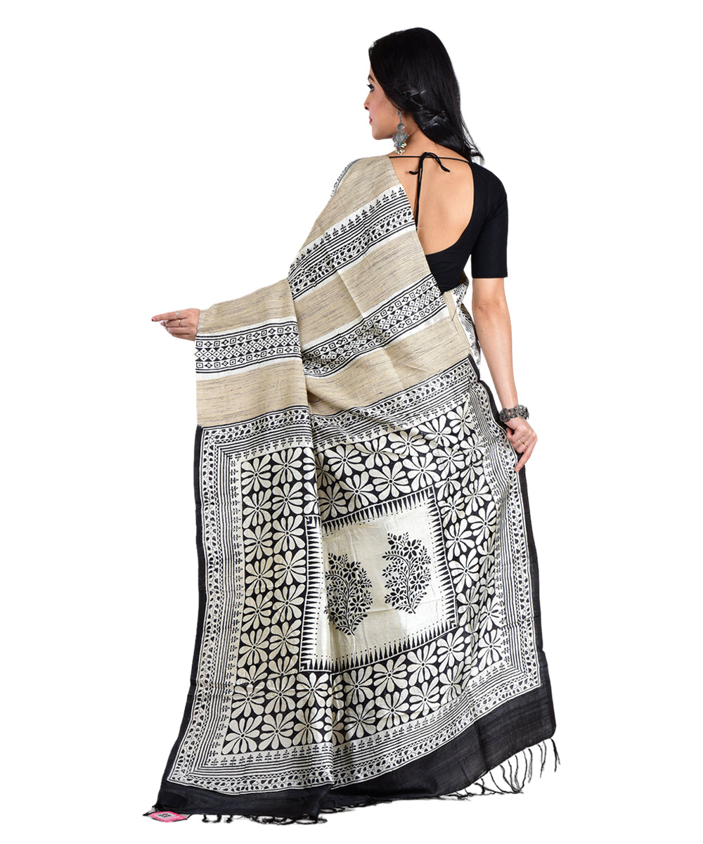 Black white hand printed silk saree