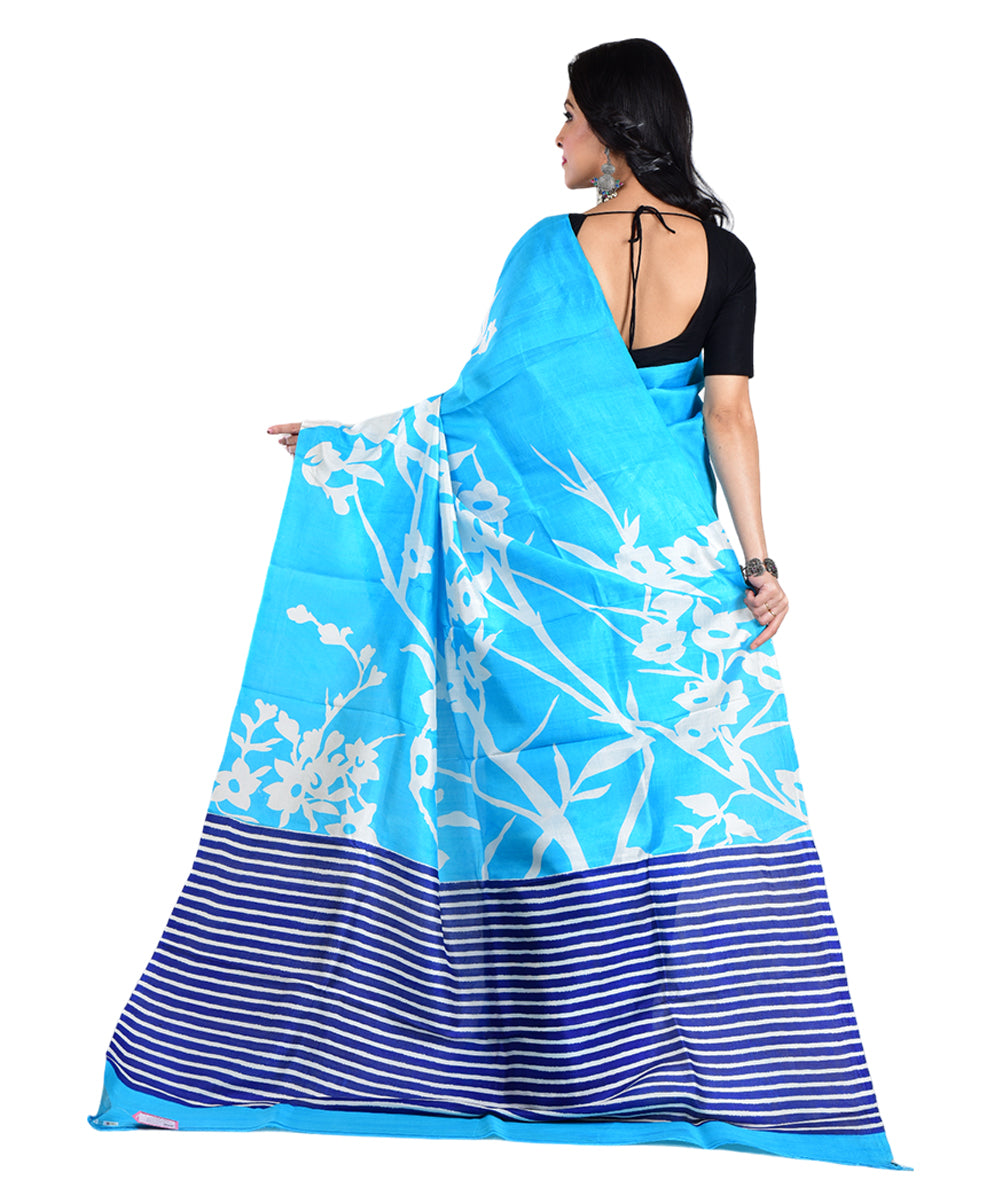 Sky blue navy blue hand printed silk saree