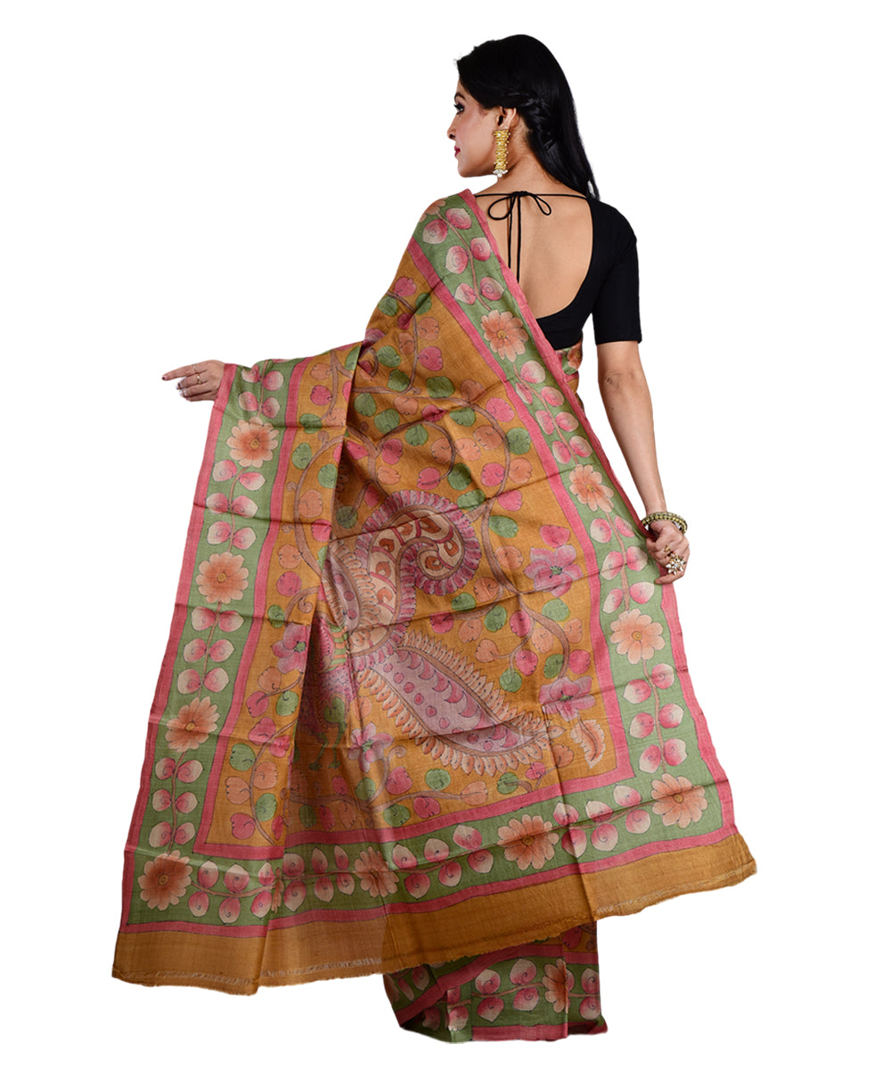 Mustard multicolor hand printed tussar silk saree