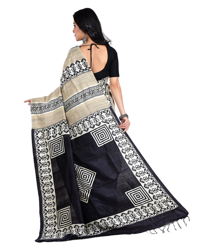 Beige black hand printed silk saree